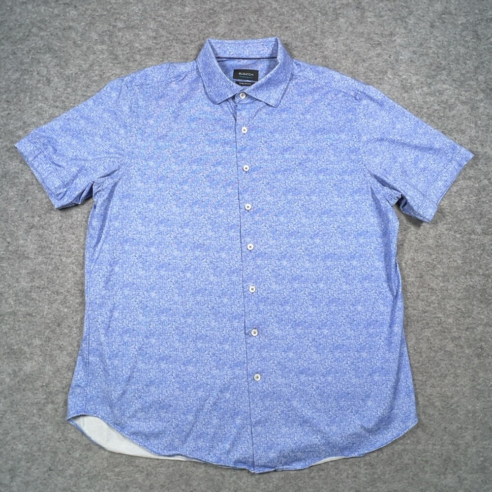 BUGATCHI Button Down Shirt Mens L Blue OoohCotton Tech 8 Way Stretch Heathered